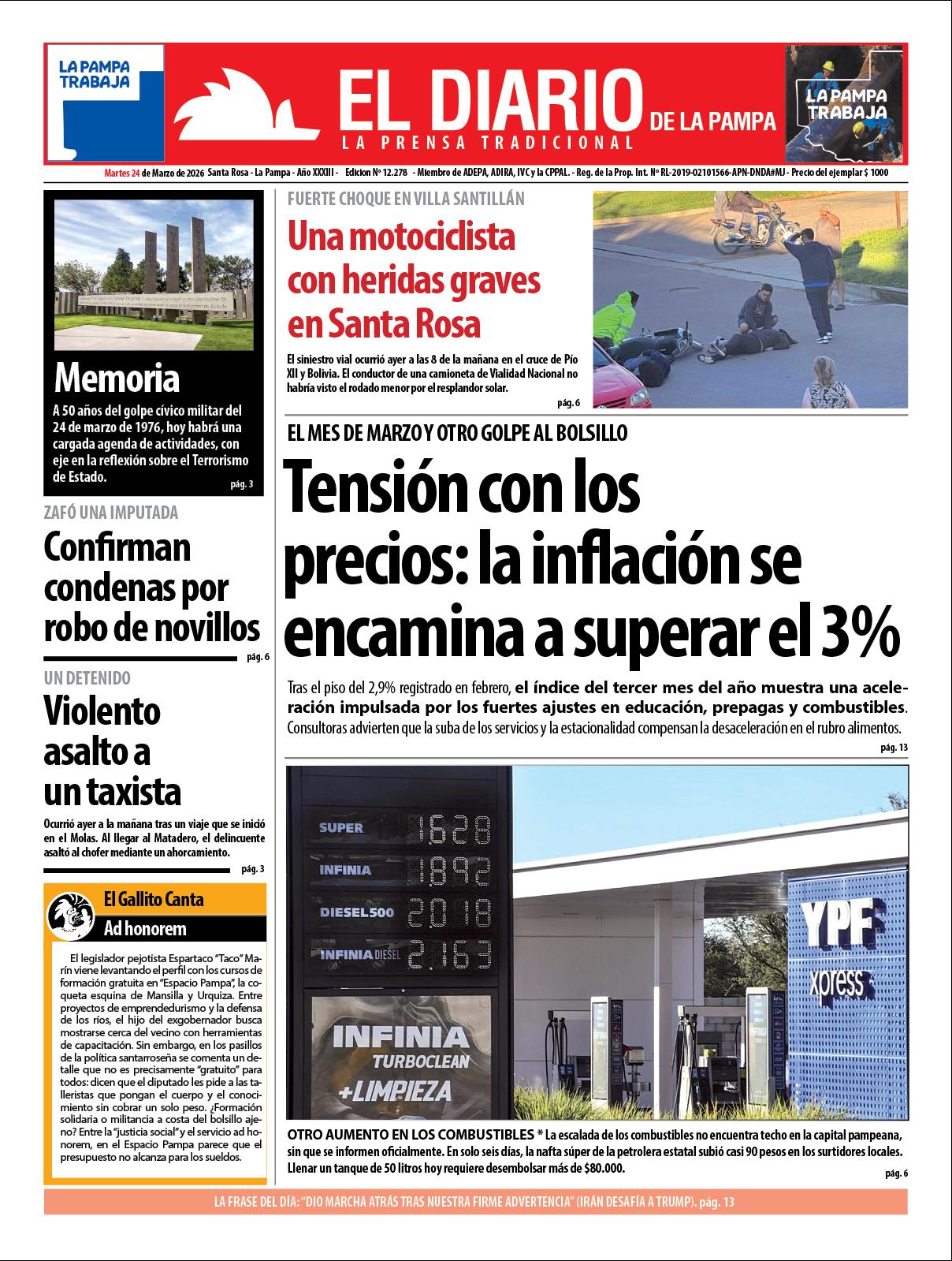 Tapa de El Diario en papel  martes 24 de marzo de 2026